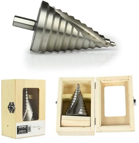 HSS Spiralstufenbohrer | für Bohrer | graduiert | Bereich Durchmesser 6-60 mm | Aufnahme 12 mm | Abstufung alle 5 mm | mit Box