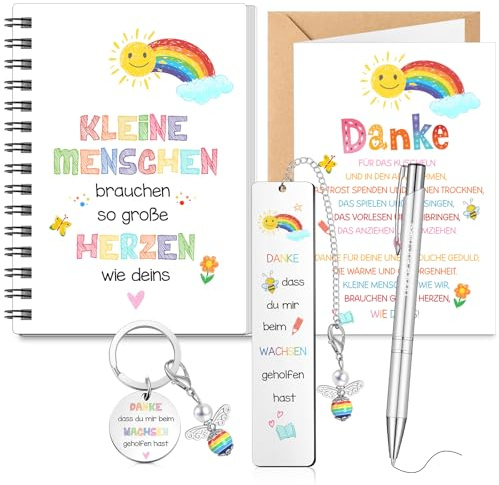 Tenare 6 Stück Abschiedsgeschenk für Erzieherin Kita, Kleine Menschen | Danke Notizbuch, Kugelschreiber, Lesezeichen, Schlüsselanhänger, Dankeskarte und Umschlag, Für Kindergarten und Lehrer