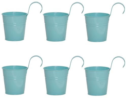 6PCS Vintage Hanging Flower Pots Metal Iron Bucket Planter Plant Pots with Detachable Hook for Fence Balcony Garden Wall Home Decor Outdoor Patio, with Drainage Hole(Blue)