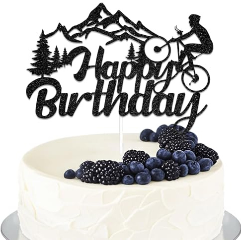 Bike happy Birthday Cake Topper Bicycle Cake Topper Mountain Bike Birthday Party Decoration Black Glitter