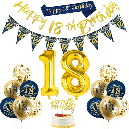 Iridsmole 18th Birthday Decorations for Boys Blue Gold Happy 18 Birthdays Banner, Number 18 Birthday Balloons with Cake Toppers Sash Bunting Blue Gold 18th Decoration for Men Party Decorations
