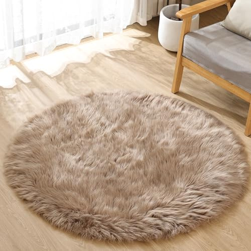 ORINOVA Teppich Runder Beige Flauschig Kunstfell 120 cm Fellteppich Weich Schlafzimmer Kuschelteppich Wohnzimmer Waschbar Bettvorleger