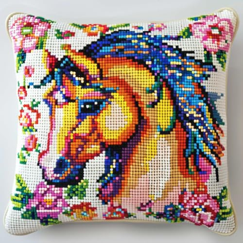 Kitquiver Knüpfhaken Set Kissen Pferd Tier Und Blumen Knüpfkissen-Sets,Grobes Kreuzstich-Set,Diy-Stickerei-Nadelspitzen-Kit Für Heimdekoration 17x17In