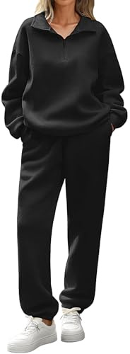 Yuson Girl Tuta Donna Completo Sportiva 2 Pezzi Invernale Tute da Casa Cotone Completa Palestra Felpata Tuta Ginnastica in Pile Foderato Felpa Mezza Zip e Pantaloni Fitness Casual(Nero, M)