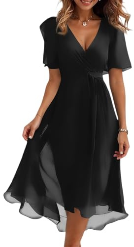 Kleider Damen Sommer Elegant Lang Chiffon Sommerkleid A-Linie Hohe Taille Abendkleid Boho Kleid Kurzarm Cocktailkleid Frauen Midi Casual Wickelkleid V-Ausschnitt Bindegürtel Strandkleid Party