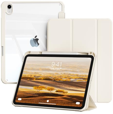 BQDIYOO Case for iPad (A16) 11th Generation 11 inch 2025 / iPad 10 Generation 10.9th 2022, Protective cover with Pen Holder transparent back, Auto Sleep/Wake, White cream