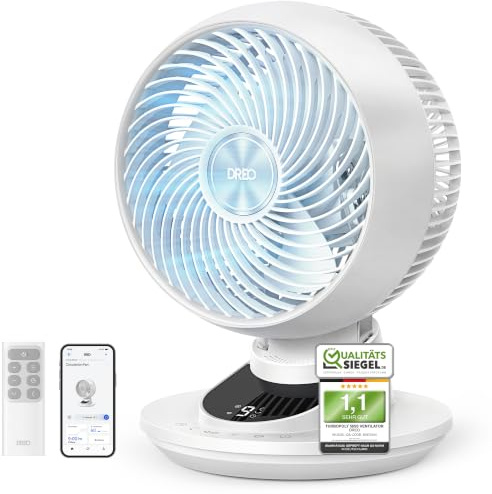 Dreo Ventilador de Mesa 3D para Dormitorio, Aire Potente 8.8 m/s, Ultra Silencioso 22 dB, Oscilación 90°, Control por App y Voz, 9 Velocidades, Temporizador 8/12 h, Ideal para Hogar y Oficina