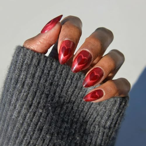 Glamnetic Press On Nails - Sent With Love | Short Almond Fake Nails in Bright Red with Cat-Eye Magnetic Heart Designs in a Velvet Finish | 15 Sizes - 30 Nail Kit with Glue