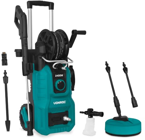 VONROC Idropulitrice V24-2 2400W 180 Bar – Avvolgitubo Integrato, Tubo Alta Pressione 10 m, Pompa in Alluminio, Schiumatore e Pulitore Patio, Set Accessori Completo
