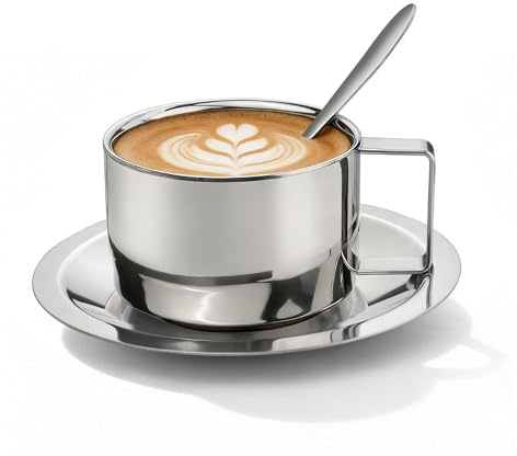 Roucerlin 304 Stainless Steel Coffee Cups with Spoon & Saucer, 6.8 Oz Metal Espresso Mugs, Double Walled Insulated Espresso Coffee Cup for Cappuccino Latte Milk Tea Beverages(1 Set，200 ml)