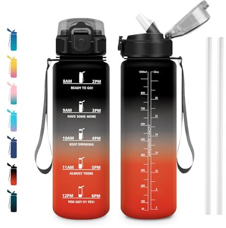 JAPORIA Botella Agua 1L, Botellas Motivacional, Cantimplora con Marca de Tiempo, Botella con Pajita para Gimnasio, Escuela, Oficina, Cámping, Running