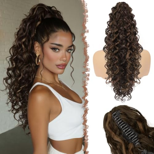 FESHFEN Pferdeschwanz Haarteil mit Klammer - Lange Locken Mischung aus Braun Ponytails Claw Clip in Lockige Ponytail Haarteile Synthetik Haare Zopf Extension für Damen, 65 cm