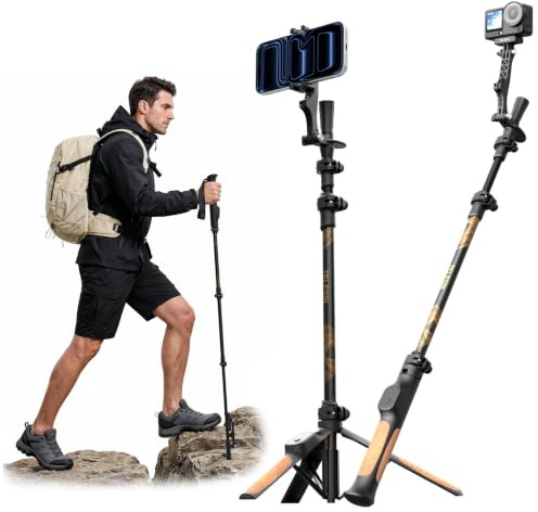 TELESIN TrekShot 3 en 1 Perche Selfie Trépied en Fibre de Carbone | 148 cm Randonnée Style Selfie Bâton | Perche Selfie Trépied pour iPhone & Caméras d’Action | Vlog Voyage Camping