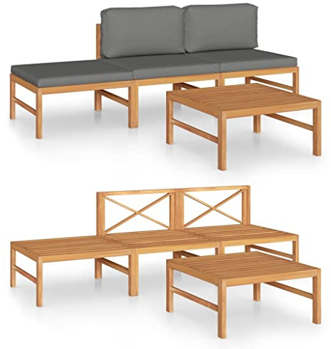 XHNIFBN 4-TLG. Garten-Lounge-Set, Sitzgruppe aus massivem Teakholz, Terrassenmöbel mit grauen Polstern, Modulares Lounge-Sofa inklusive Tisch und Hocker für Garten und Balkon