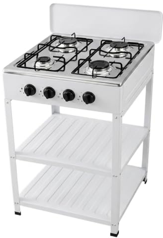 FENIX HOME Fornello a Gas 4 Fuochi Portatile con Supporto a 2 Ripiani in Acciaio, Cucina da Esterno SOLO GPL/LPG, Accensione Piezoelettrica, Ideale per Campeggio Giardino Terrazzo Picnic (Bianco)