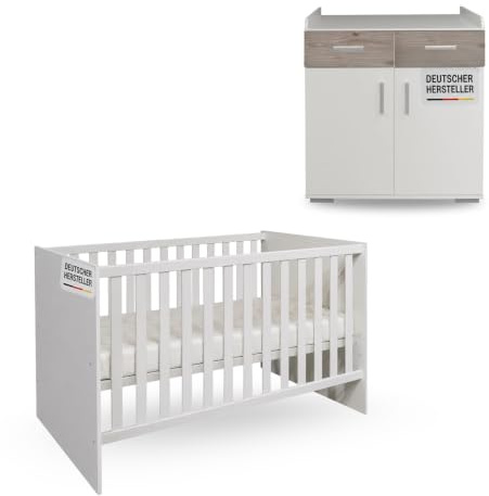 storado.de Kinderzimmer Set Sienna, 2-teilig mit Babybett & Wickelkommode, aus Holzdekor und Massivholz, Eiche Nelson/Weiß Matt, Bett 70x140 cm
