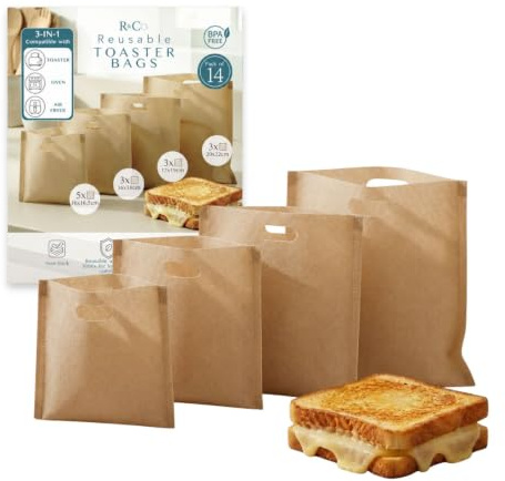 R&Co® Lot de 14 Toaster Bags Réutilisables – 4 Tailles Différentes – Sacs de Cuisson Antiadhésifs Sans BPA pour Grille-Pain, Air Fryer et Four – Lavables au Lave-Vaisselle – 100+ Utilisations