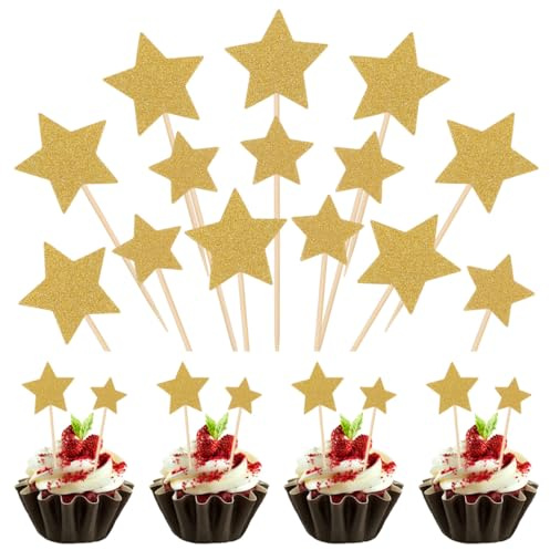 ULTNICE Glitzer Stern Kuchen Topper 50 Stück Star Cupcake Toppers Glitter Picks Cocktail Sticks Geburtstag Dekoration für Hochzeit Party Kuchen (Gold)