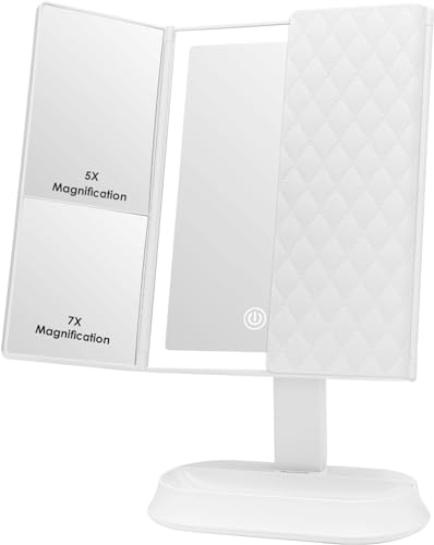 Auxmir Schminkspiegel mit Beleuchtung, Faltbar 1X/5X/7X Kosmetikspiegel, 60 Stück LED Tischspiegel mit 3 Lichtfarben und Dimmbare Helligkeit, Duale Unterstützung USB und Batterie, Weiß