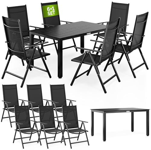 Casaria® Gartenmöbel Set 6 Stühle mit WPC Tisch 140x80cm Aluminium Sicherheitsglas Wetterfest Klappbar Modern Terrasse Balkon Möbel Sitzgruppe Garnitur Bern