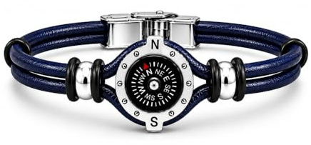 amorili Bracciale Uomo con Bussola Ancora in Acciaio Inox e Pelle – Simbolo Nautico Marino – Idea Regalo Mare Estate – Braccialetto Elegante