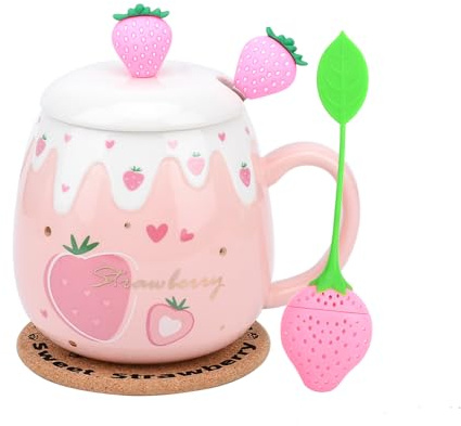 Rosa Tasse, Süße Erdbeertasse Mit Deckel und Löffel, Kaffeetasse aus Keramik, Kawaii-Pokal für Teemilch, Frau Mädchen Student koreanische Art 450ml Weihnachten Geburtstagsgeschenk (Große Erdbeere)