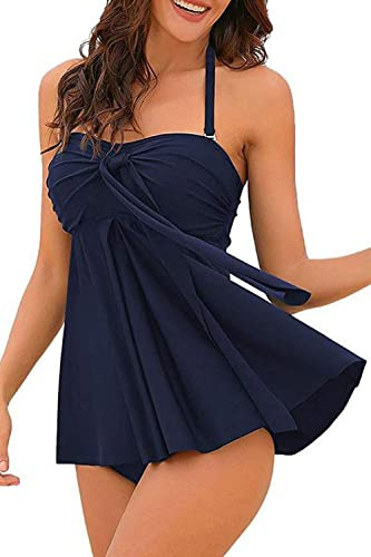 NLAND Trajes de baño Tankini para Mujer Dos Piezas Conjunto de Bañador Estampado Volantes Swimsuit con Halter Push Up Top y Bragas para Piscina(Azul Marino,L)