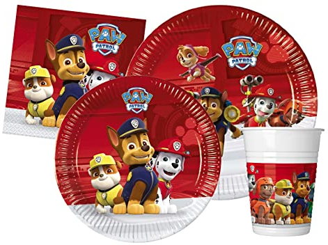 Ciao Kit Vajilla de Fiesta Paw Patrol Ready for Action para 24 personas (112 pcs: 24 platos Ø23cm, 24 platos Ø20cm, 24 vasos 200ml, 40 servilletas 33x33cm)