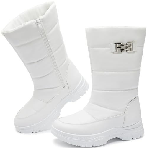 FINIWOR Womens Snow Boots Mid Calf Winter Boots for Women Warm Faux Fur Lined Side Zipper Non-Slip Boots(White US09)