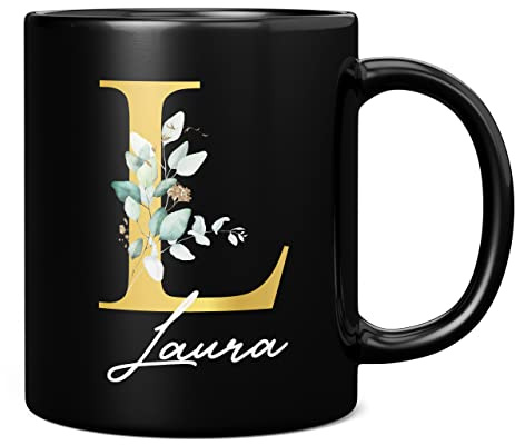 Tazza con lettera L floreale personalizzata con nome, regalo personalizzato, lettera stampata effetto oro, non metallica, tazza da caffè in ceramica per uomini o donne, extra large e gigante, tazza