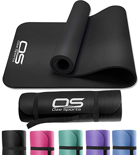 Yoga Mat Exercise NBR Fitness foam mat Extra Thick Non-Slip Large Padded High Density ideal for HiiT Pilates gymnastics mats Fitness & Workout with Free Carry Strap (Black)