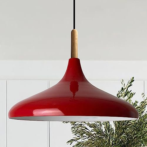 bamyum Champion Hängelampe Esstisch aus Holz und Metall 35 cm, Pendelleuchte Esstisch, Hängelampe Wohnzimmer, Küchenlampe Hängend E27, Pendelleuchte Rot für Schlafzimmer, Wohnzimmer