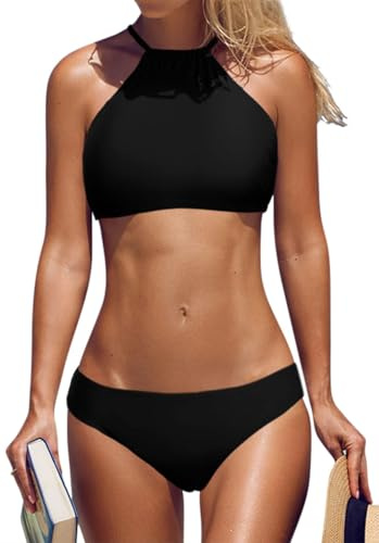 CharmLeaks Ladies Hlater High Neck Bikini Set Cross Back Removal Padded Swimwear Black S