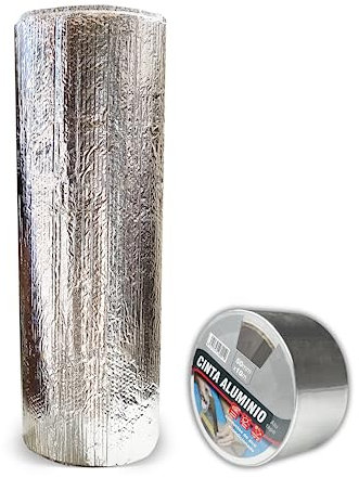 Aislante Térmico Reflexivo de Aluminio y Burbujas 1x2.5 m (2.5 m²) + Rollo Cinta de Aluminio 50 mm x 10 m - Frío y Calor - Viviendas, Caravanas, Campers, Buhardillas, Uso Industrial