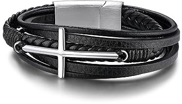 GoldChic JEWELRY Bracelet en Cuir Véritable pour Hommes Croix en Acier Inoxydable Bracelets Tressé avec Fermoir Magnétique Argent/Noir 19/21/23cm Bijoux Cadeau Garcon Enfant Halloween avec Boîte
