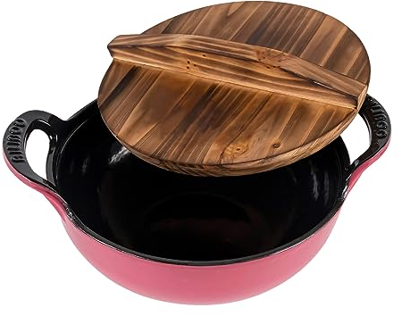 AILIBOO Faitout rond en fonte émaillée de 2 litres avec couvercle en bois - Mini casserole à soupe - Rose