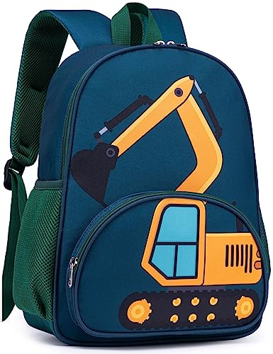 LOIDOU Kids Preschool Backpack for Boys, 15 Inch Excavator Truck School Bag, Lightweight Water-Resistant Kindergarten Backpack with Chest Strap for Ages 4-8