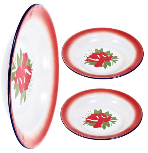 MAGICLULU 3pcs Vintage Enamelware Plates 20cm Floral Round Serving Dishes for Desserts Fruits Snacks Home and Café Use