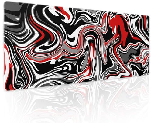 Black Red Swirl Gaming Mouse Pad XL Gray Marble Grey Fluid Design Extended Large Mat Mousepad Desk Pad Non-Slip Rubber Base Stitched Edge Long Keyboard Pad for Computer,31.5×11.8 Inch