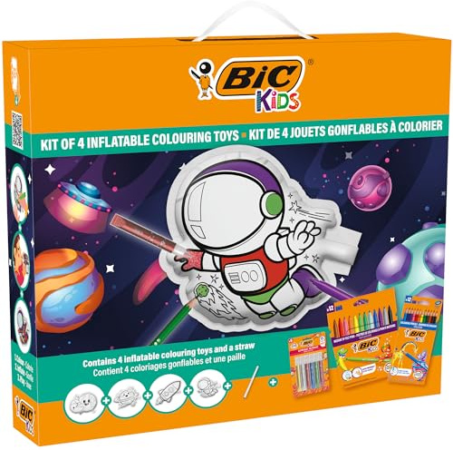 BIC Kids Kit Giocattoli Gonfiabili da Colorare Design Tema Spazio - 12 Matite per Colorare Evolution, 12 Pennarelli Kid Couleur, 6 Colle Glitter, 4 Giocattoli Gonfiabili da Colorare, Set da 34
