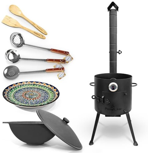 Feuerofen Ø 36 cm 2 mm Stahl Utschak Uchag mit Usbekische Kazan Gusseisen 10 L Казан Lagan Holzlöffel Schöpfkelle für Plov Schaumlöffe учаг Asia (Set 5)