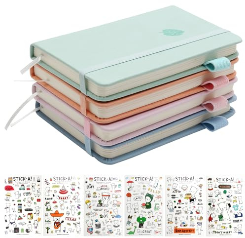FL HUA 4 Pièces Carnet de Poche A6, Petit Carnet de Notes de Poche avec 6 Autocollants, Mini Bloc Note Couverture Coloré pour Enfant Adultes (A6)