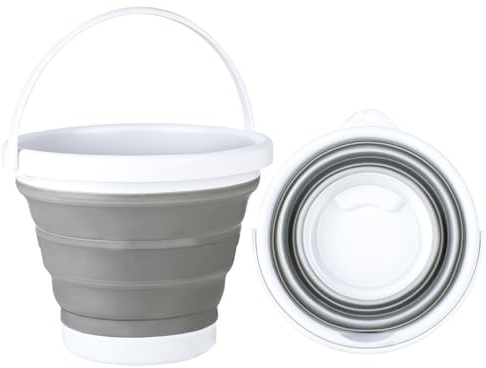 Seau Pliable, Seau Ménage 5L, Seau Pliable Camping, Pliable, PP+TPE, Montage Mural, Nettoyage de la Maison, Lavage de Voiture, Prise d'eau, Camping en Plein Air, Jeux de Plage (Gris Blanc)