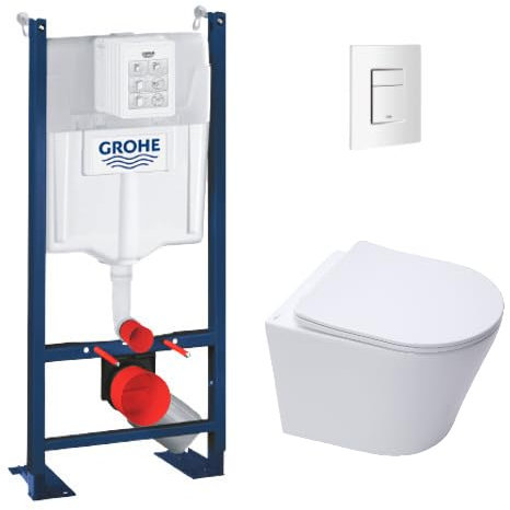 Hänge WC Sitz Mit Absenkautomatik - Selbsttragendes Gestell, spülrandloses Wand-WC Infinitio, Softclose-Sitz, weiße Platte, Schalldämmset, Vorwandelement Anschluss Set, Kloschüssel, Komplettset