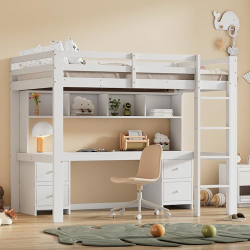 Merax Hochbett für Kinder, 90x200 cm Bett Oben,Tisch unten,großer Stauraum, hohes Geländer, stabile Treppe, Weiß - ohne Matratze