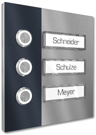 Graviers Design Mehrfamilienhaus Aufputz Klingel 3 Namensschilder austauschbar - V2A Edelstahl Türklingel 140x150 mm - LED Klingeltaster Namensschild Beleuchtung wählbar für Haustür