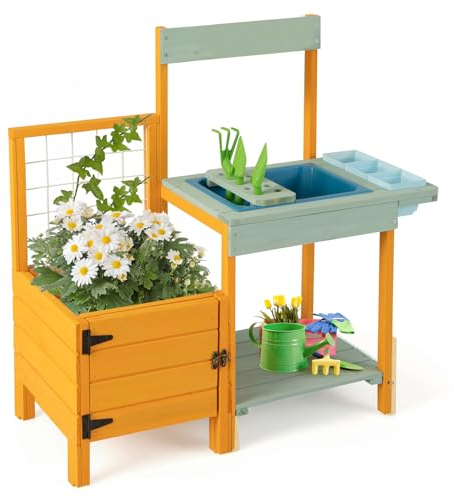COSTWAY Kids Potting Bench Table, Wooden Mud Kitchen with See-Through Window, Planter Box, Treills, Sink, Gardening Toys, Outdoor Play Kitchen for Boys Girls Ages 3-8
