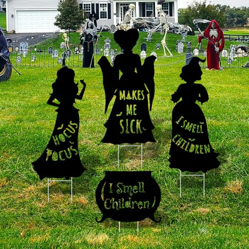 Arosche Extra Large Halloween Decorations Outdoor Hocus Pocus Yard Sign with Stakes 4 pack Witches Silhouette Themed I Smell Children Hocus Pocus Halloween Decor for Lawn, Yard, Garden, Party | Extra Large Halloween Witches Silhouette Themed I Smell Children Hocus Pocus Halloween Decor for Lawn, Yard, Garden, Party