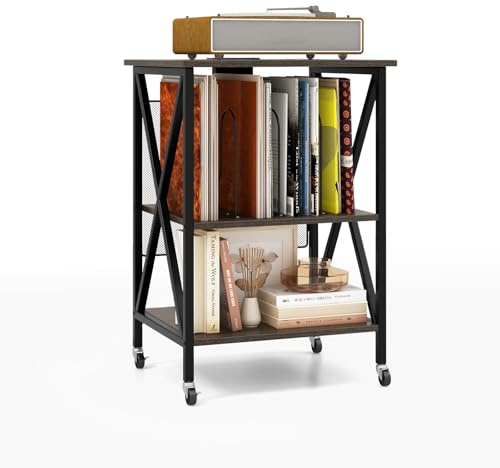 COSTWAY Mesa Auxiliar con Estación de Carga Integrada, Mesita de Noche de 3 Niveles, con Estructura Metálica, 4 Ruedas Universales y Separadores, Soporte para Tocadiscos para Salón (Gris)