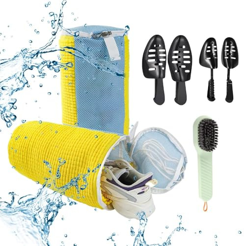 Shoe Machine Bag with cleaning brush for Washing Machine, Reusable Shoe Laundry Bag for Sneaker Gym Shoes White. 2 Pairs Adjustable Shoe Trees, Durable Locker Zipper